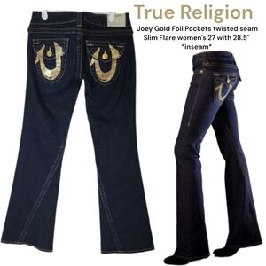 True Religion Women's Joey Gold Foil Pocket twisted hem Slim Flare dark jeans 27